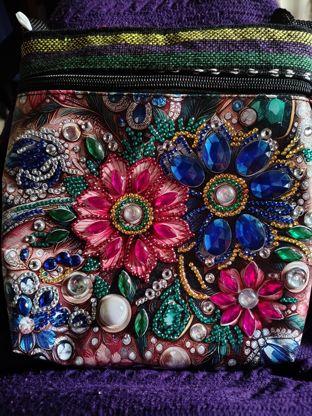 👜🌺New Handmade Bedazzled Embellished Floral Crossbody Bag in Pink & Blue🌺👜